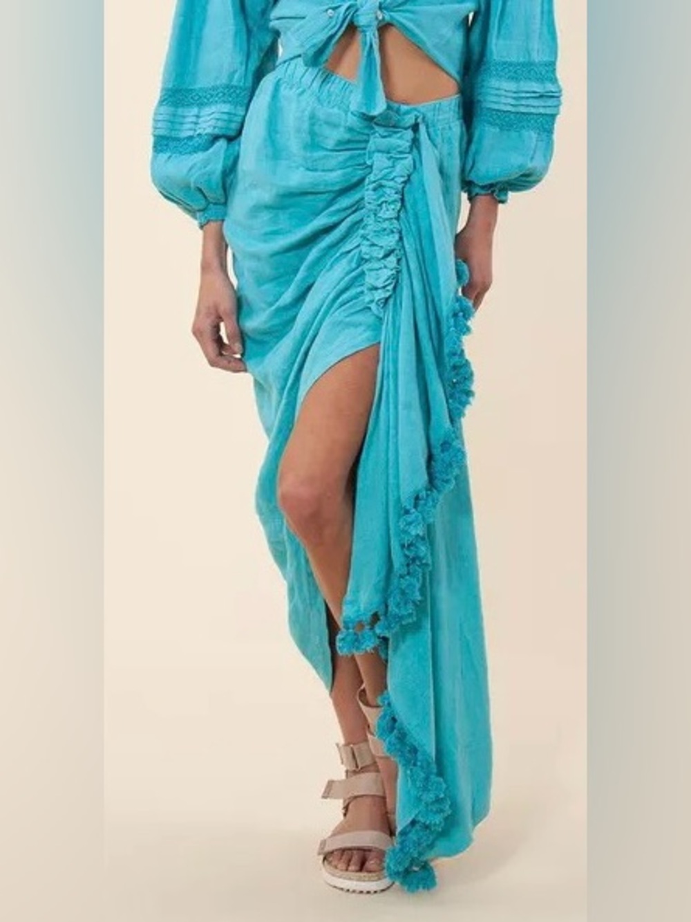 NWT Hale Bob 100% Linen Teal Ruched Tassel Resort Maxi Skirt Size M